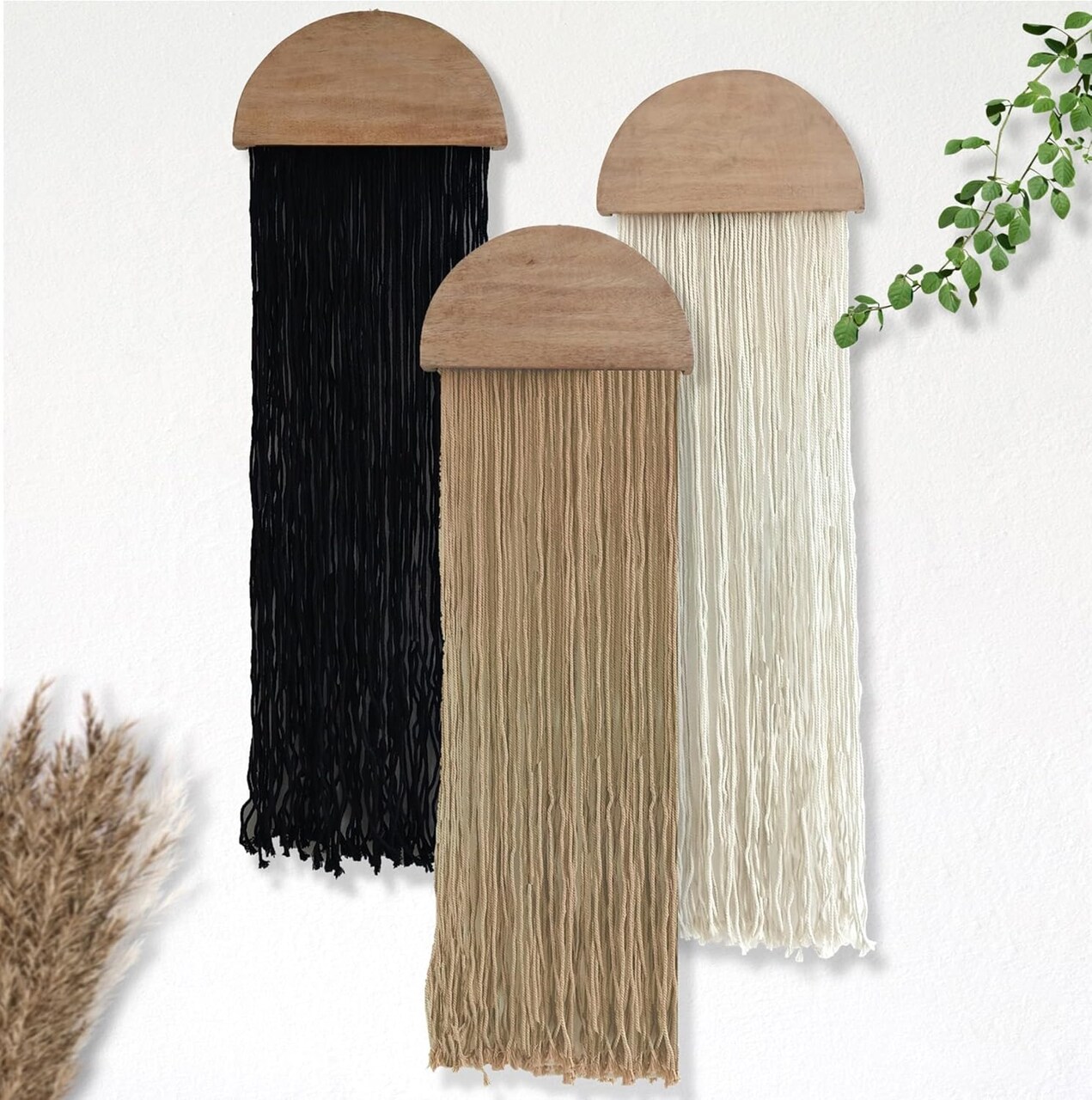 3-Piece Macramé Wall Hanging Set – Boho Woven Tapestry with Geometric Design, Minimalist Neutral Beige & Black Décor for Bedroom, Nursery, Apartment, or Dorm – Perfect Gift for Birthday or Christmas